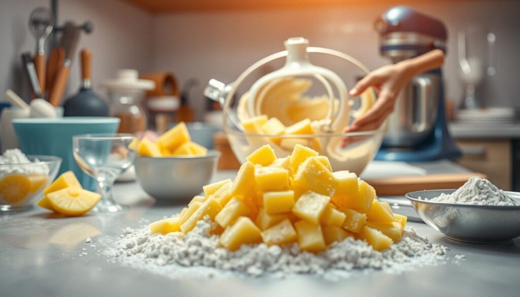 Mixing Pineapple Quick Bread Ingredients