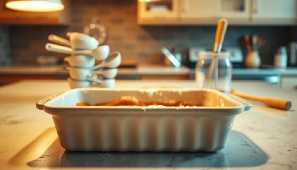 preparing baking dish for dump cake